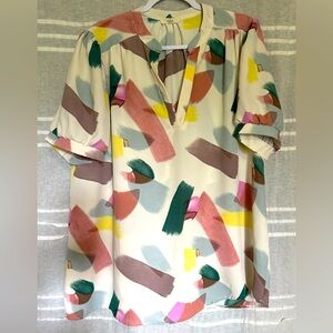 Entro White Abstract Puffy Sleeve Blouse